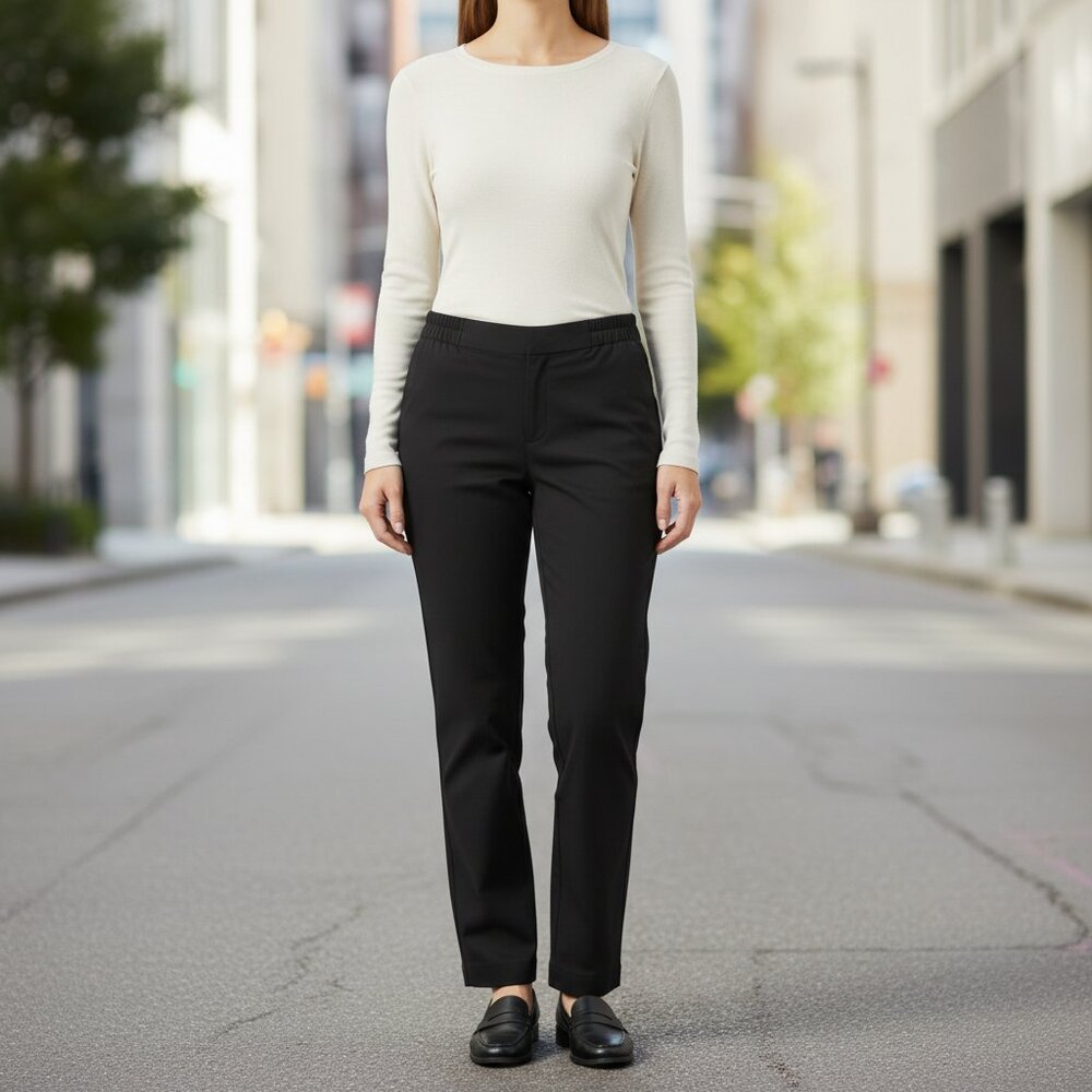 Tanjay Pants Womens 8 Petit Black Straight Leg Petite Stretch Elastic Waist